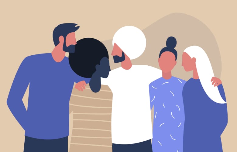 多様な人々が肩を組んで親しく交流しているイラスト